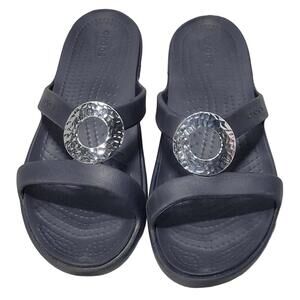 Crocs Sanrah Slide Sandal Womens Sz 9 Black Rubber Wedge Slip On Comfort Casual